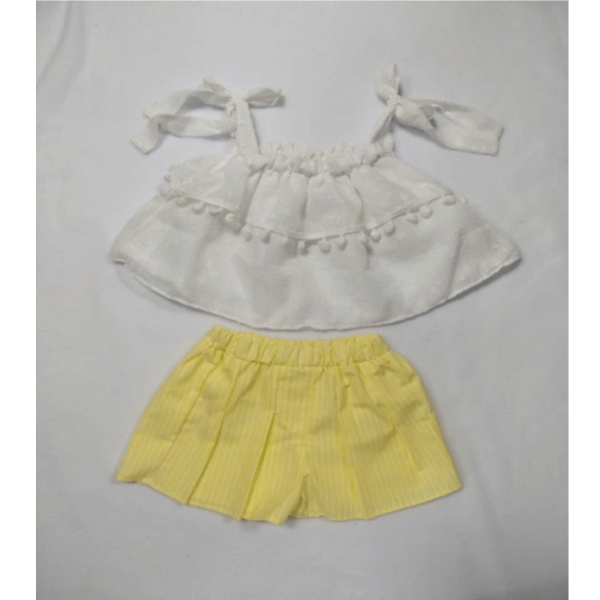 White Shoulder Strap Blouse With Yellow Shorts Set For Girls